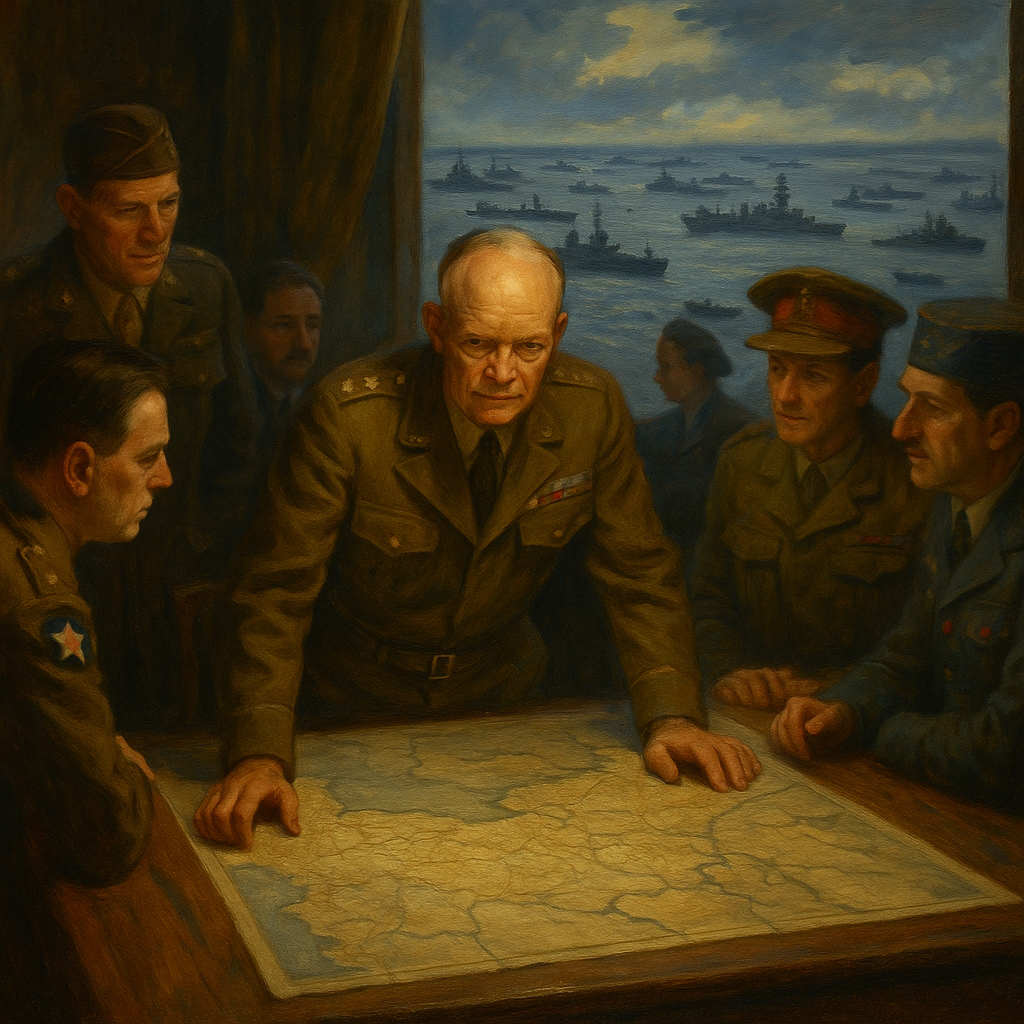 Eisenhower y oficiales aliados planificando la invasión de Normandía frente a un mapa táctico.