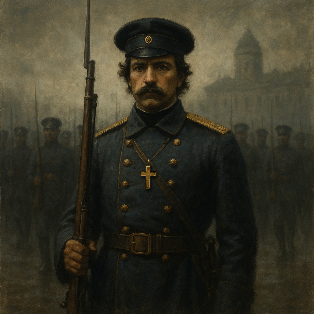 Soldado ruso del siglo XIX simbolizando la modernización militar del Imperio, con filas de tropas.