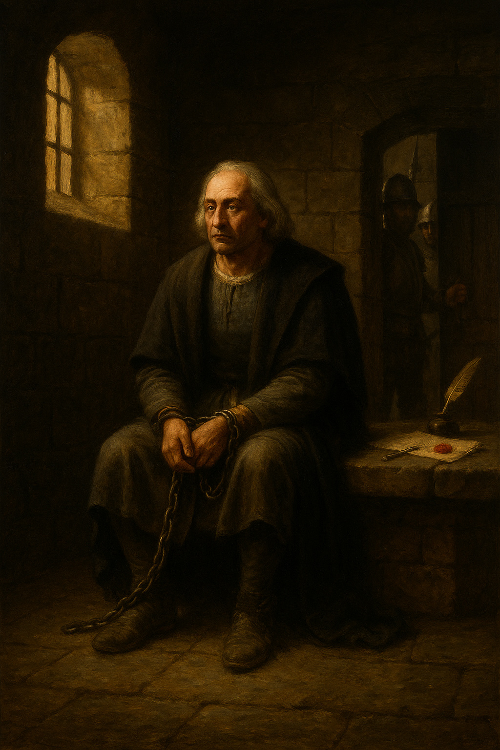 Cristóbal Colón encadenado en una celda, sentado y pensativo, con guardias castellanos al fondo y una luz tenue entrando por la ventana.