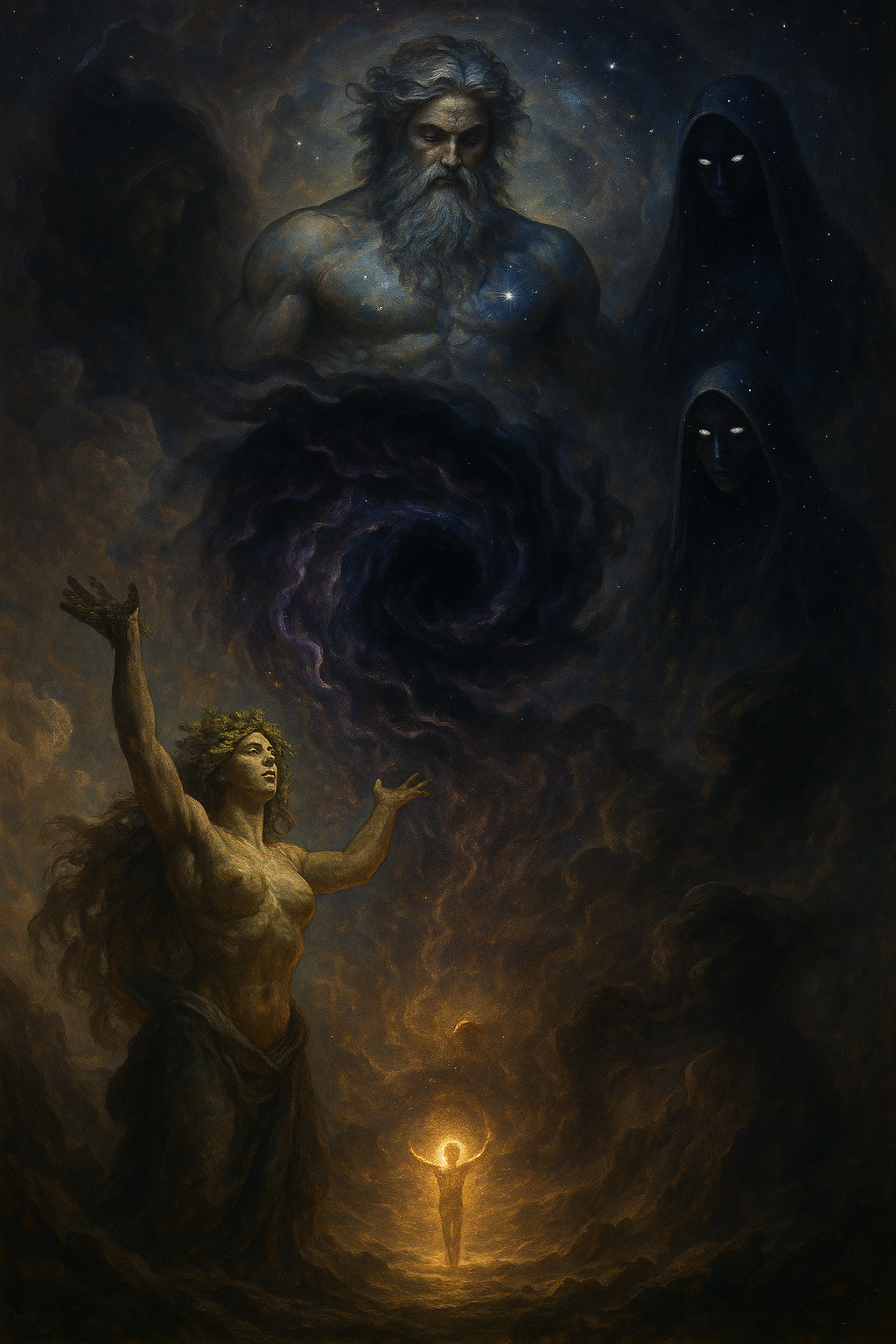Representación artística del Caos primordial en la mitología griega, con energía oscura y etérea arremolinándose en el centro del cosmos. Rodeado por sombras cósmicas, simboliza el vacío informe del que nacieron Gea, Érebo, Nix, Eros y el Tártaro, según la Teogonía de Hesíodo. Ilustración de estilo mitológico clásico.