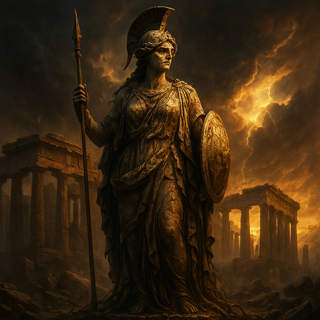 Estatua desgastada de Atenea vestida con túnica clásica, de pie entre un jardín antiguo con columnas griegas derruidas al fondo, difuminadas, representando la eternidad de la mitología griega.