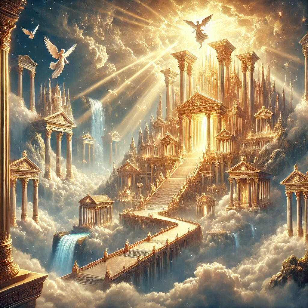 Representación del monte Olimpo, el legendario hogar de los dioses griegos. La escena presenta imponentes templos dorados y estructuras de mármol.