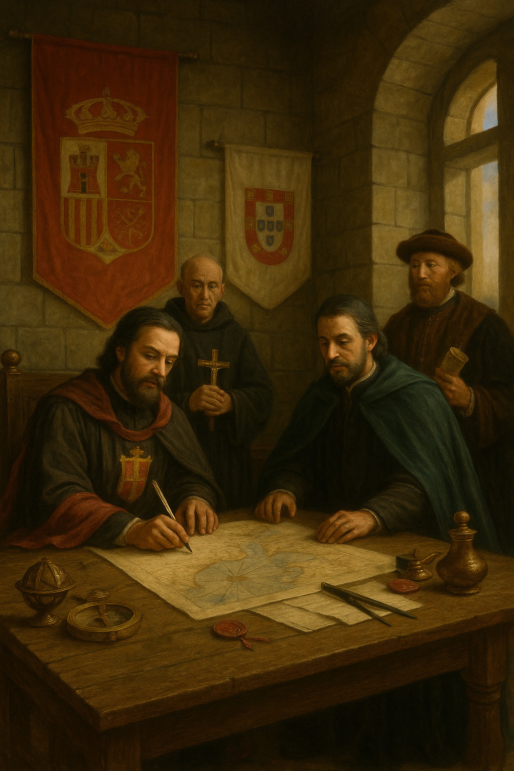Delegados de Castilla y Portugal firman el Tratado de Tordesillas sobre una mesa con mapas e instrumentos náuticos en una sala diplomática renacentista.