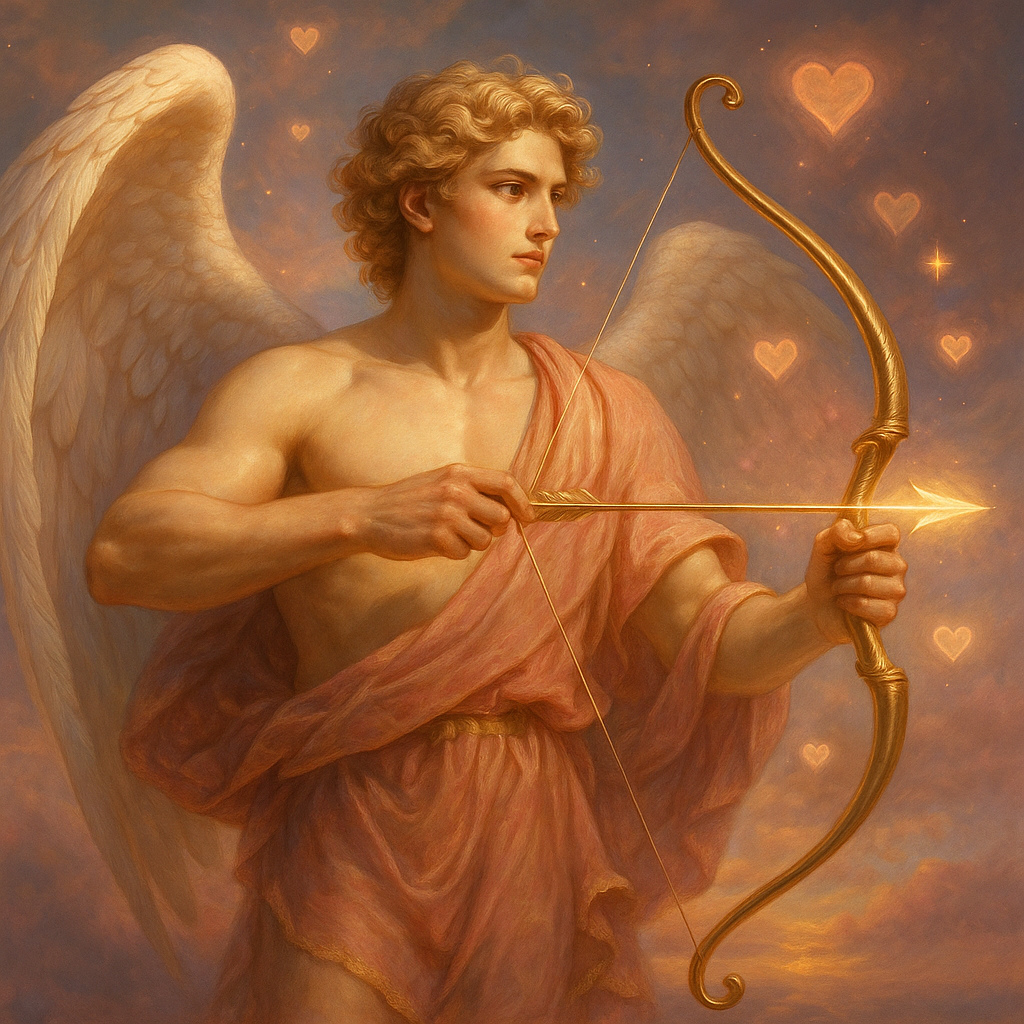 Pintura clásica digital que representa a Eros, el dios griego del amor, con alas doradas, arco y flechas, en un entorno celestial lleno de luz y atmósfera etérea.