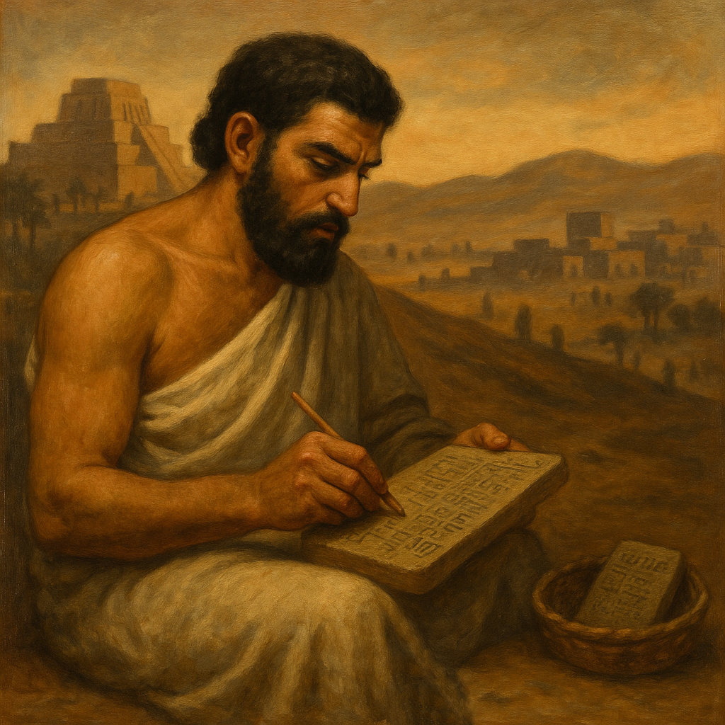 Escriba sumerio grabando símbolos cuneiformes sobre arcilla, con ciudades al fondo que reflejan la división entre el norte y el sur de Mesopotamia durante el período Yemdet Nasr.