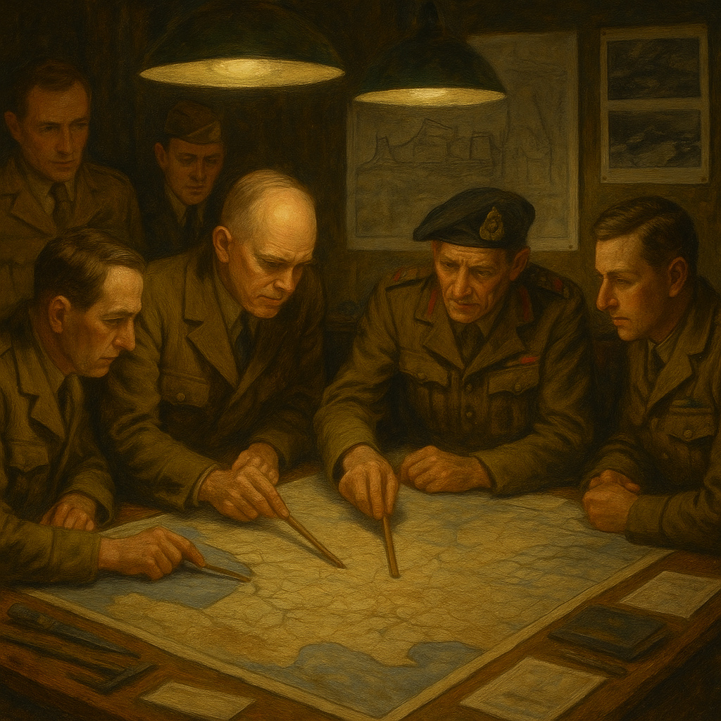 Eisenhower y Montgomery planificando la Operación Overlord frente a un mapa de Europa en la sala de mando aliada.