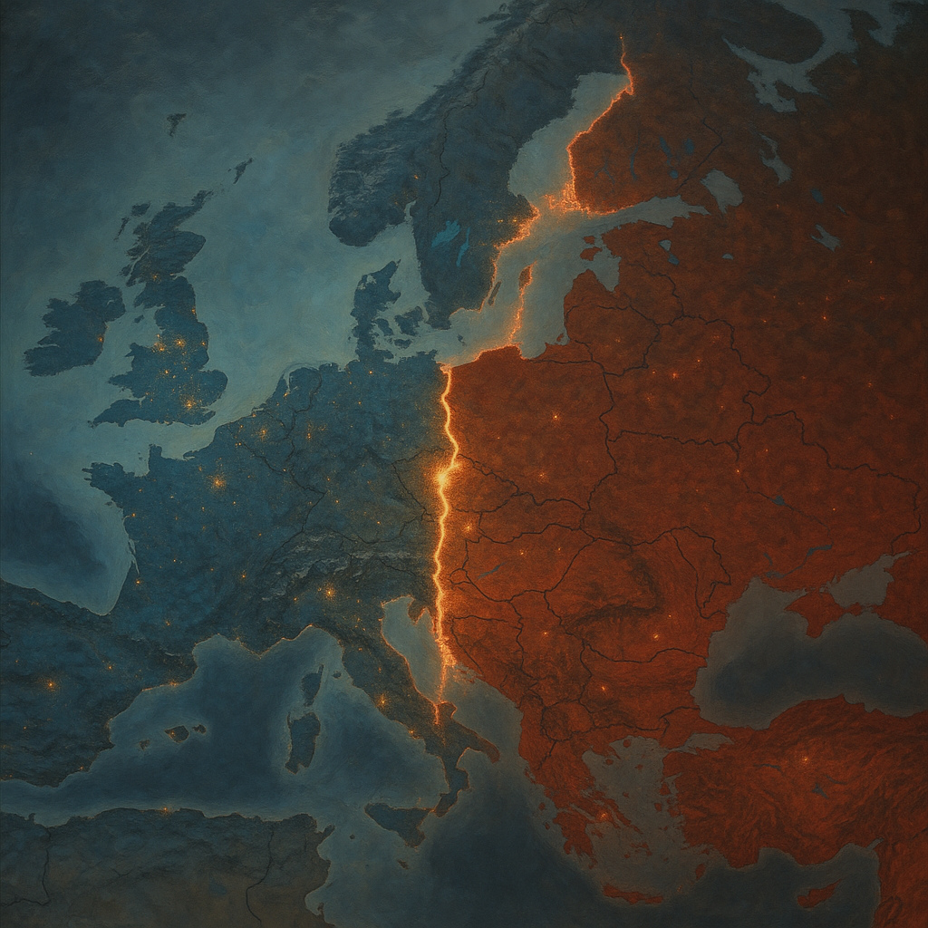 Ilustración artística de Europa dividida por una línea ardiente que separa el bloque occidental en azul del bloque soviético en rojo, simbolizando la Cortina de Hierro en la Guerra Fría.