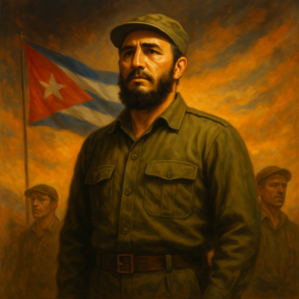Fidel Castro frente a la bandera de Cuba, representación del legado histórico y la resistencia de la Revolución Cubana.