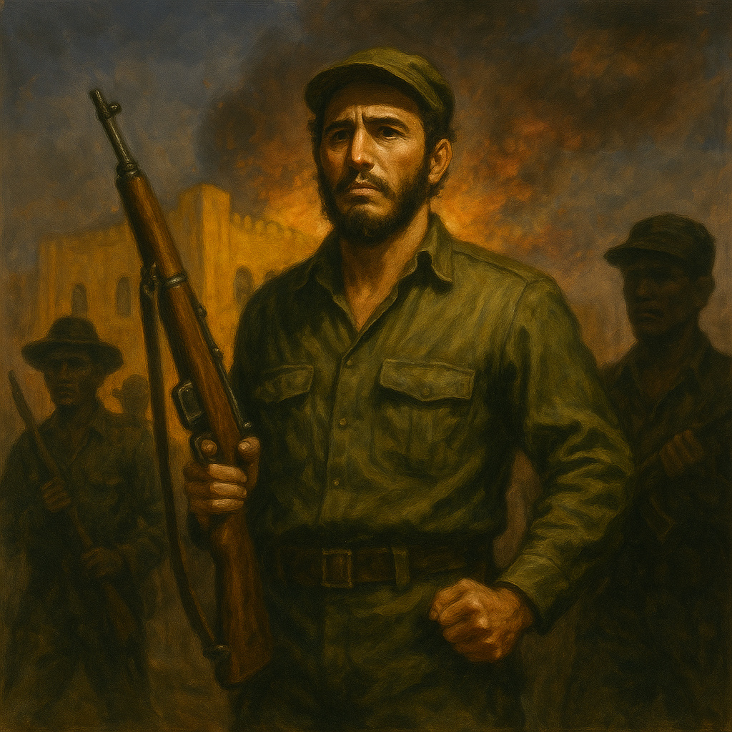 Fidel Castro joven con uniforme verde liderando el asalto al Cuartel Moncada en 1953, con combatientes en sombras y el cuartel en llamas al fondo.