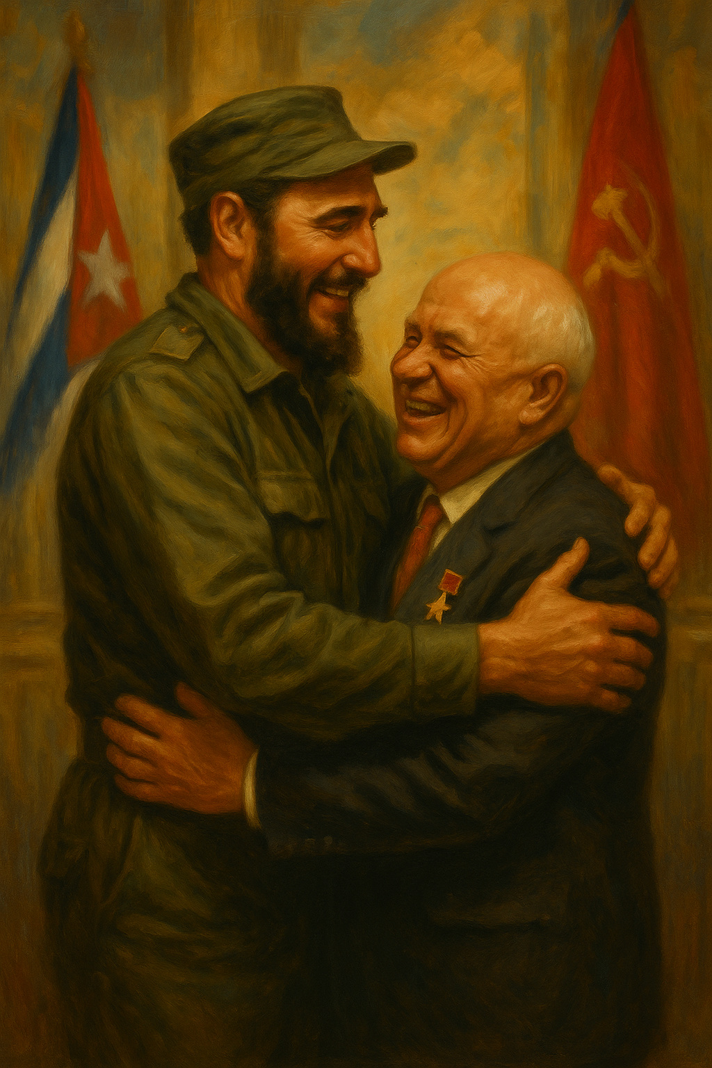 Fidel Castro y Nikita Jrushchov se abrazan sonrientes en una pintura al óleo realista, representando la unión entre Cuba y la URSS en los años 60.
