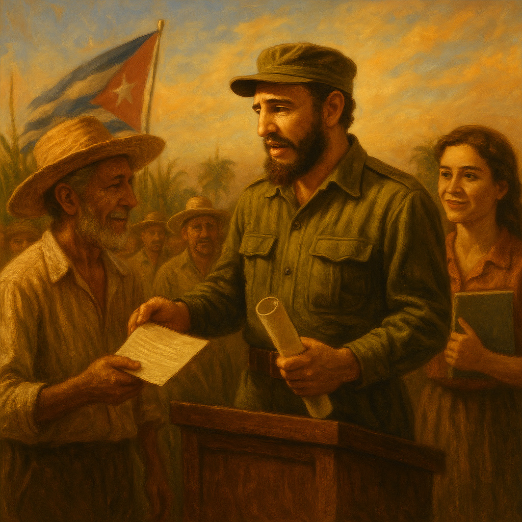 Fidel Castro entrega un documento a un campesino junto a una brigadista alfabetizadora durante las primeras reformas de 1959 en Cuba.