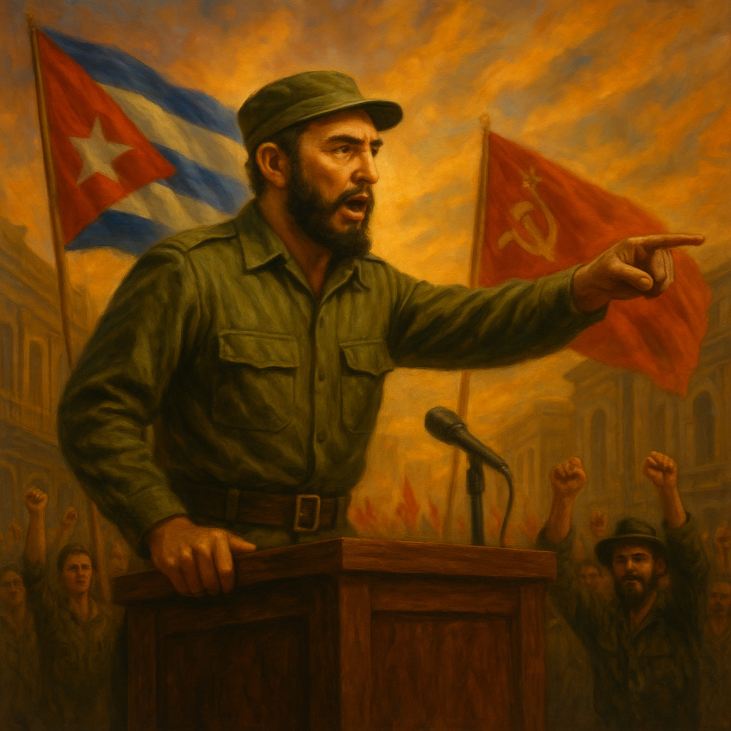 Fidel Castro en un podio con uniforme verde oliva, junto a banderas de Cuba y la URSS, con multitud levantando puños bajo un cielo rojizo.