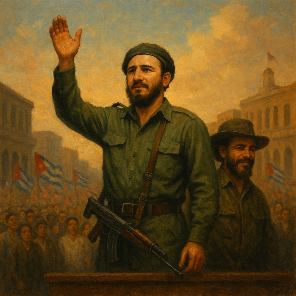 Fidel Castro en un podio con uniforme verde oliva y fusil al hombro, levantando el brazo ante una multitud celebrando en La Habana.