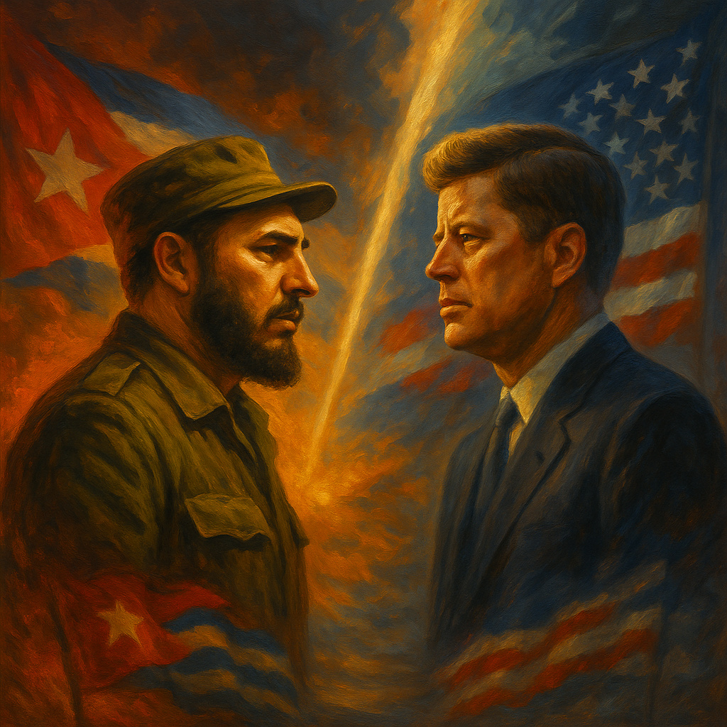 Pintura al óleo épica mostrando a Fidel Castro y John F. Kennedy enfrentados, con banderas de Cuba y Estados Unidos al fondo, simbolizando la tensión de la Guerra Fría.