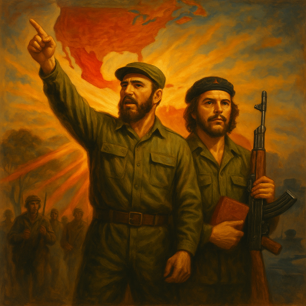 Fidel Castro y el Che Guevara liderando a las masas en una pintura al óleo de estilo realismo socialista.