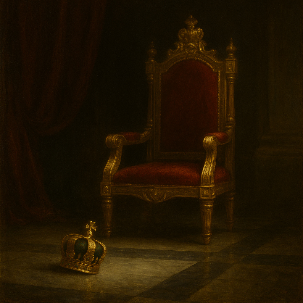 Trono imperial brasileño vacío con la corona caída, símbolo del fin del Imperio de Brasil en 1889.