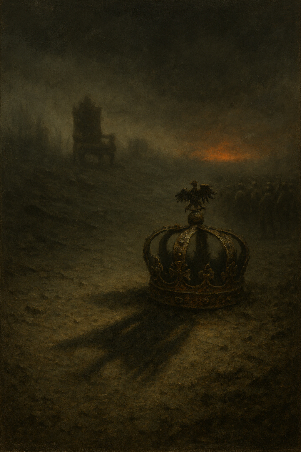 Corona imperial alemana caída con su sombra extendiéndose hacia un horizonte rojo, con un trono vacío perdido en la niebla.
