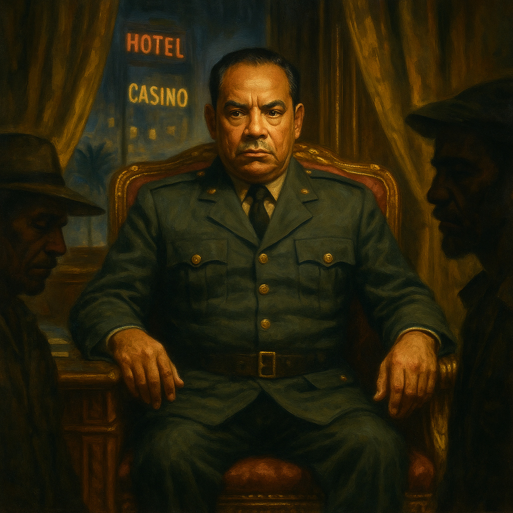 Fulgencio Batista en su despacho, rodeado de campesinos en sombras y con casinos de fondo en La Habana.