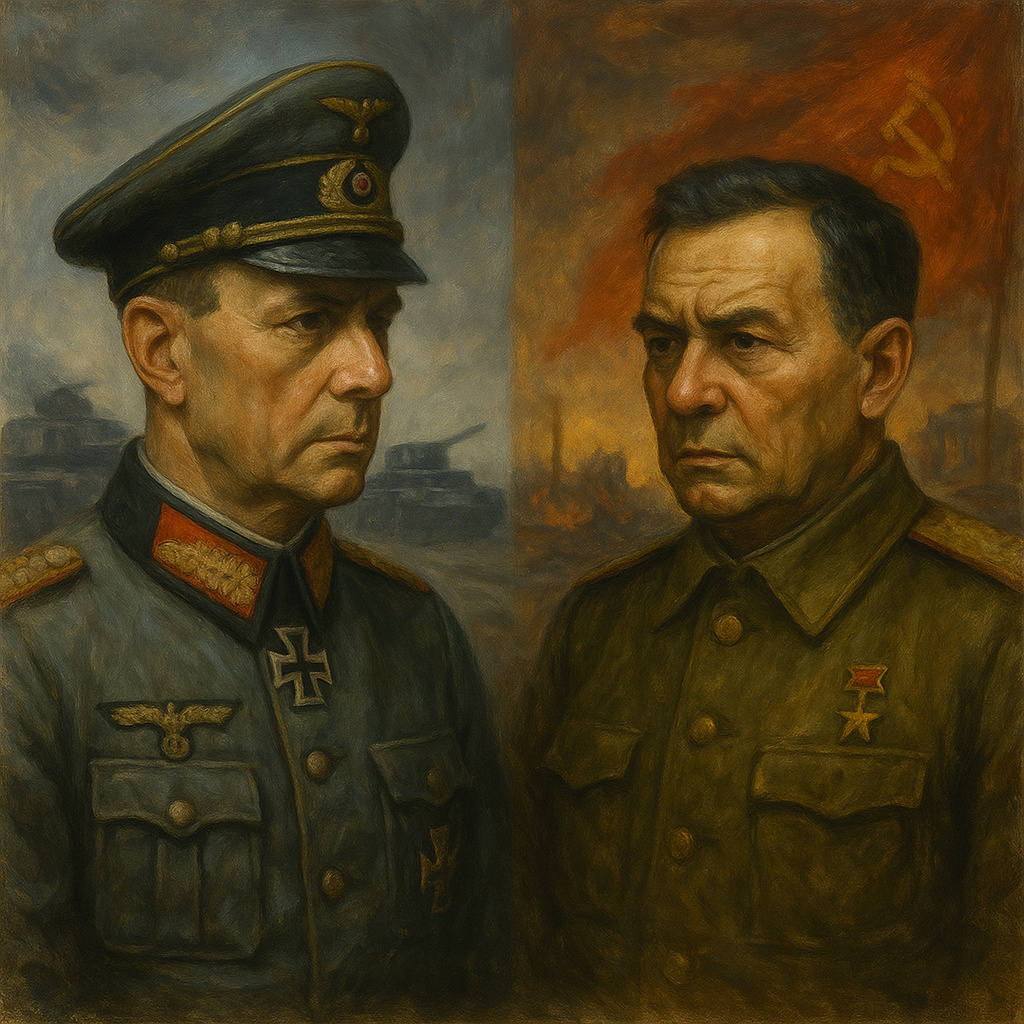 Retratos realistas de Friedrich Paulus y Vasily Chuikov, generales enfrentados en la Batalla de Stalingrado durante la Segunda Guerra Mundial.