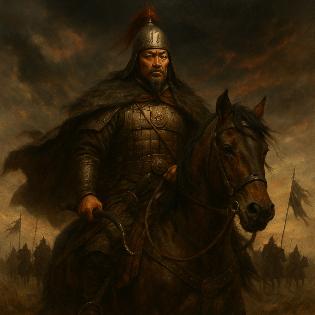 Retrato hiperrealista de Gengis Kan, fundador del Imperio Mongol, con armadura de combate, marchando por toda Eurasia con su ejército, representando el poder y el terror de su época.