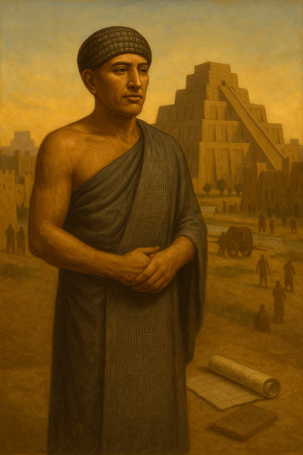 Gudea de Lagash de pie, con túnica cuneiforme y gorro trenzado tradicional, frente a su ciudad y zigurat, símbolo de sabiduría, devoción y poder arquitectónico en Sumeria.