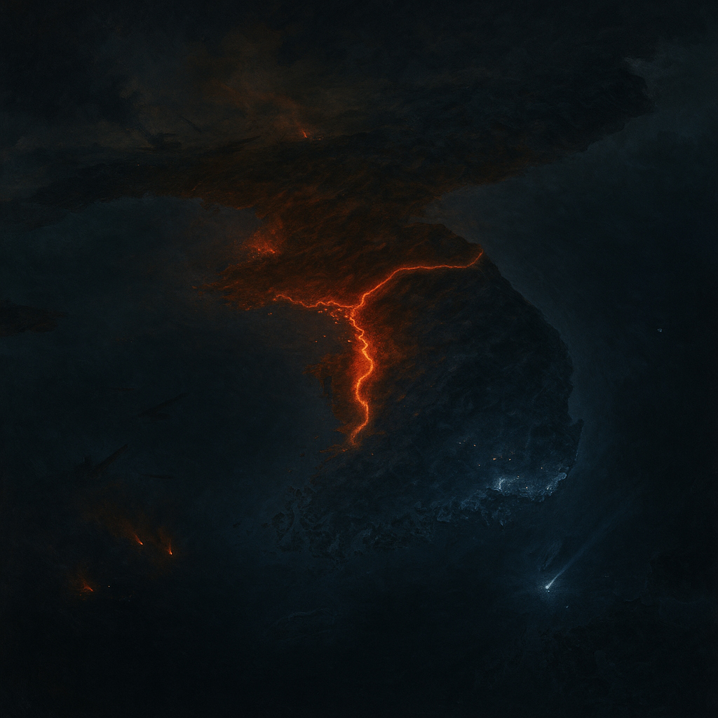 Mapa artístico de Corea dividida por una línea ardiente en el paralelo 38 durante la Guerra de Corea, con el norte en rojo y el sur iluminado, simbolizando el conflicto entre bloques ideológicos.
