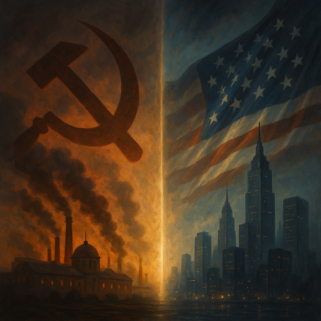 Ilustración realista que muestra la división entre la URSS comunista y Estados Unidos capitalista al inicio de la Guerra Fría, representada con símbolos y arquitectura industrial y urbana separadas por una grieta de luz.