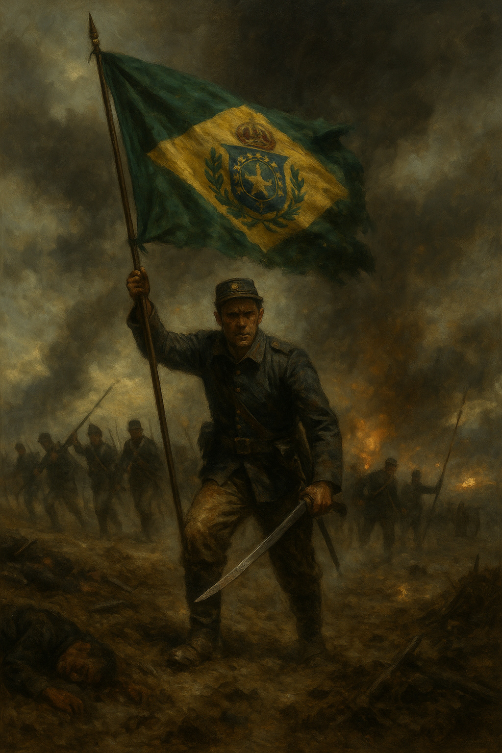 Soldado brasileño sostiene la bandera del Imperio en medio del campo de batalla durante la Guerra de la Triple Alianza.