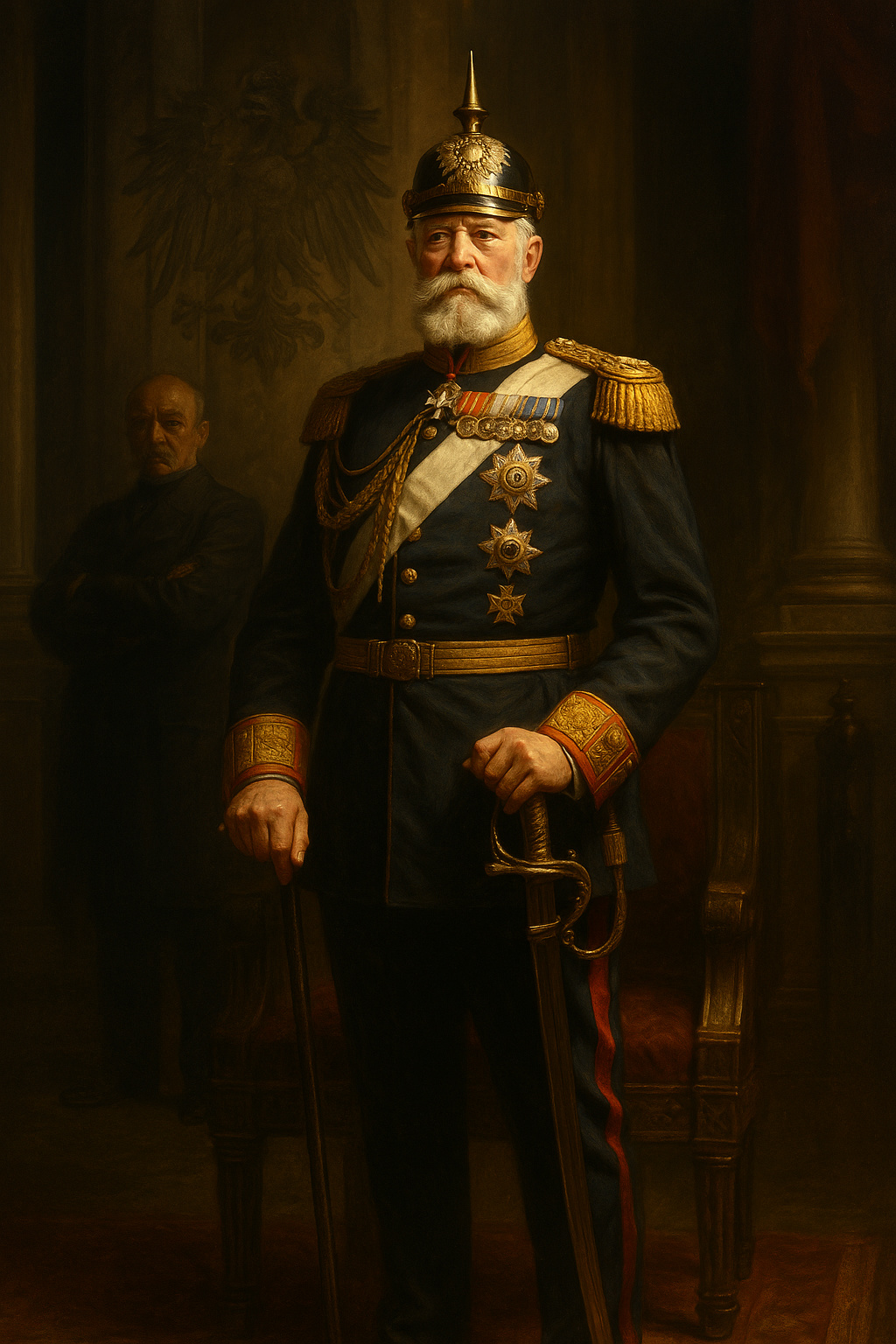 Guillermo I de pie con espada en uniforme imperial prusiano mientras Bismarck aparece en segundo plano en sombra, simbolizando su papel como poder estratégico del Imperio Alemán.