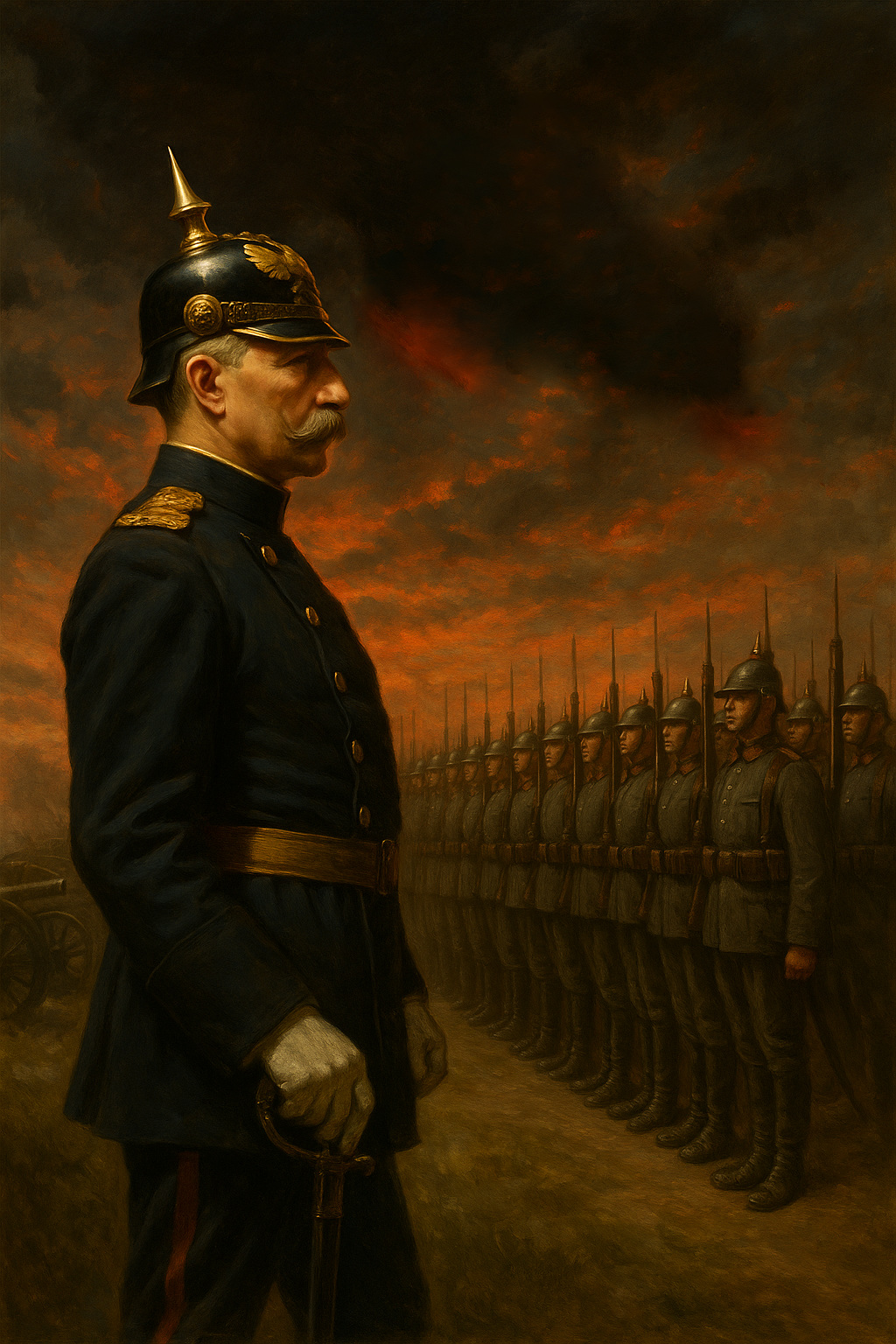 Guillermo II observando al Ejército Imperial Alemán en formación bajo un cielo rojo previo al estallido de la Primera Guerra Mundial.