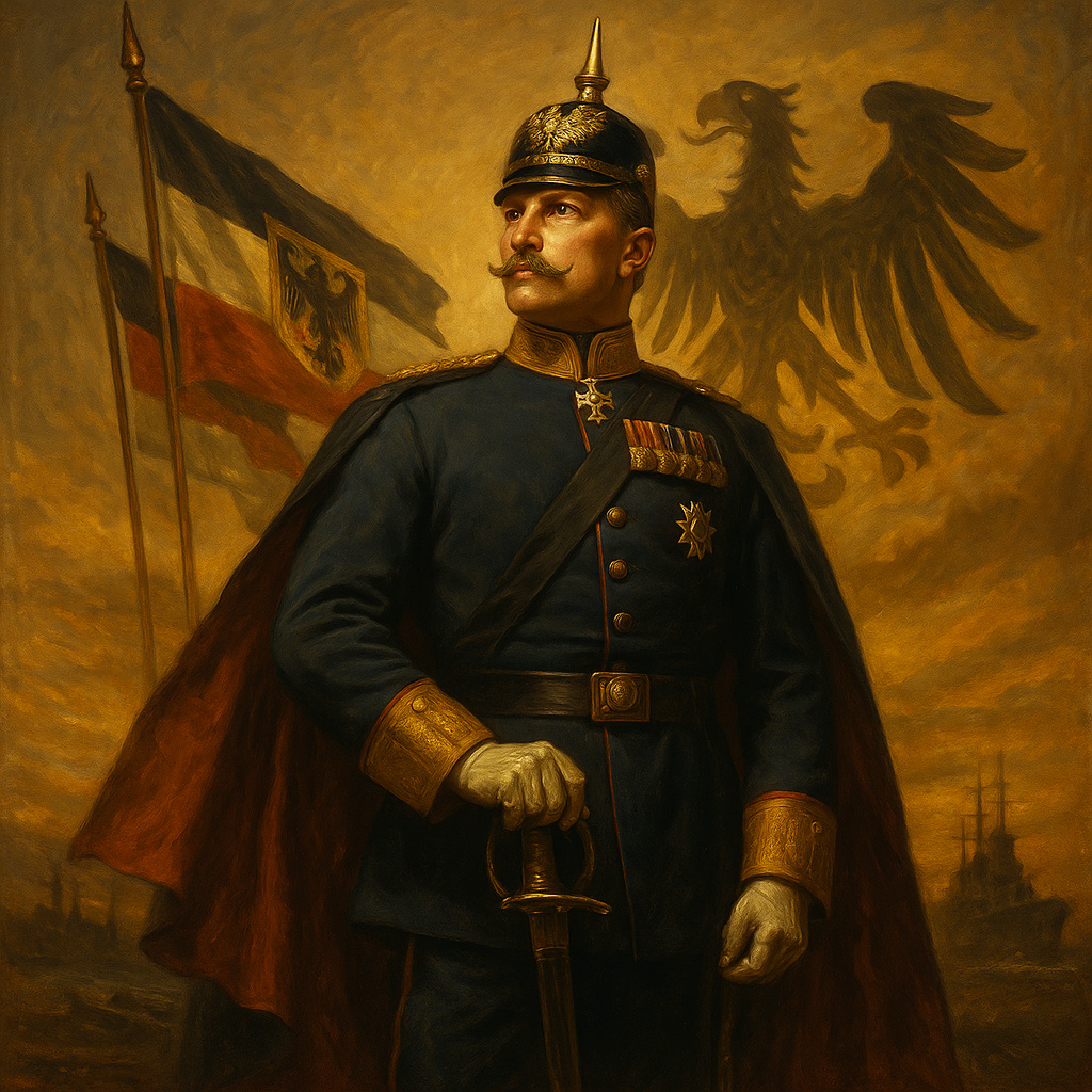 Guillermo II en uniforme imperial mirando al horizonte con el águila imperial y banderas militares detrás, símbolo de su ambición expansionista.