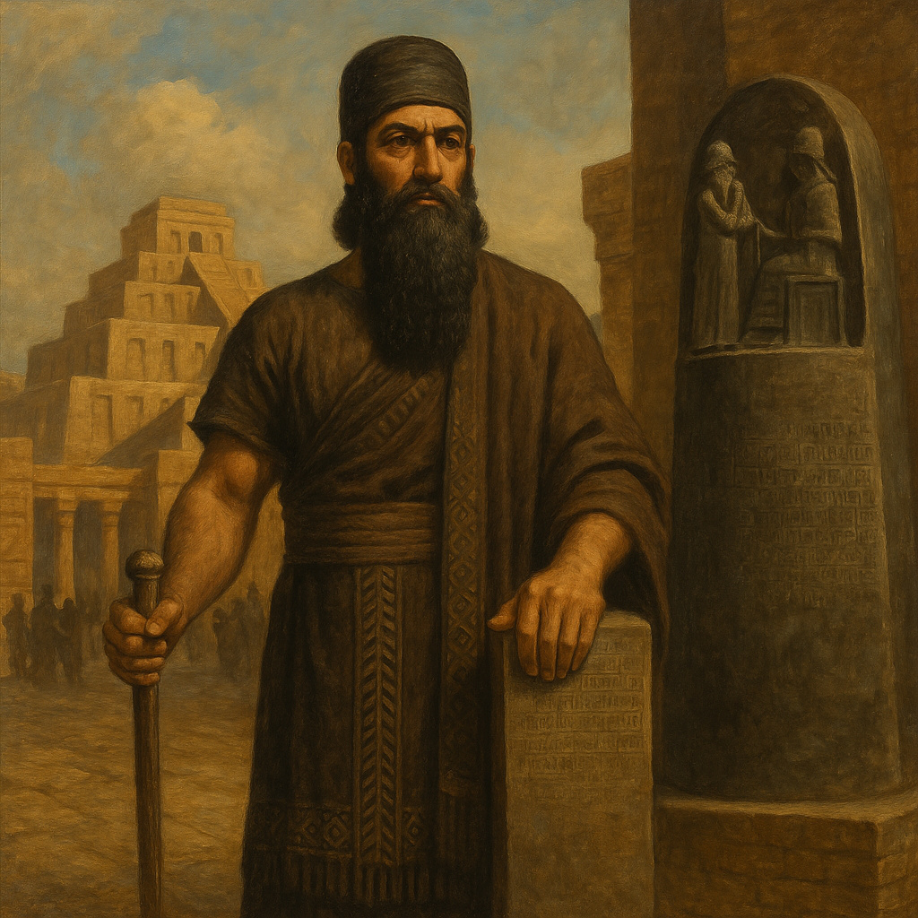 Pintura al óleo de estilo realista que muestra a Hammurabi de pie junto a una gran estela con inscripciones, vestido con ropajes ceremoniales, en un entorno palaciego de la antigua Babilonia.