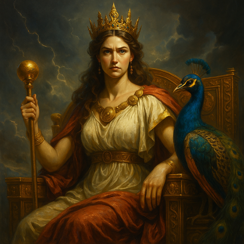Representación realista y épica de Hera, la diosa griega del matrimonio, con corona dorada, túnica blanca y un pavo real a su lado, envuelta en luz celestial y elementos mitológicos.