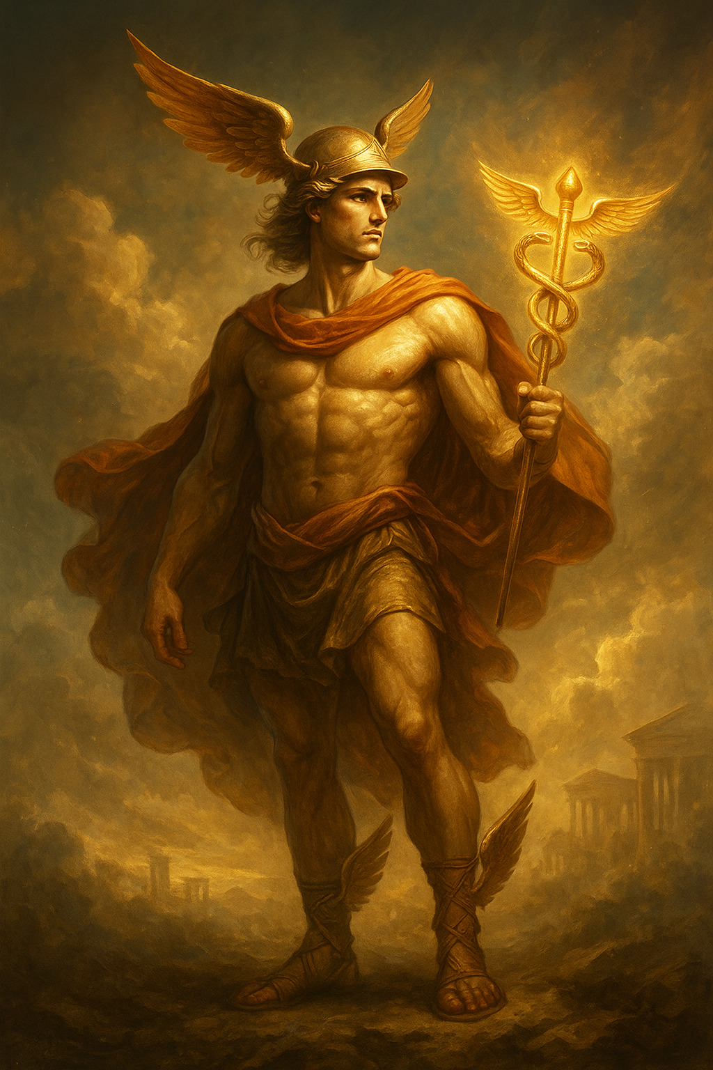 Representación realista y mitológica de Hermes, dios griego de los viajeros, con casco y sandalias aladas, sosteniendo el caduceo dorado bajo un cielo dramático.