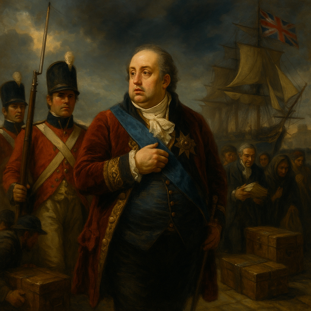 Don João VI lidera la huida de la corte portuguesa desde Lisboa hacia Brasil en 1807, con barcos británicos en el puerto.