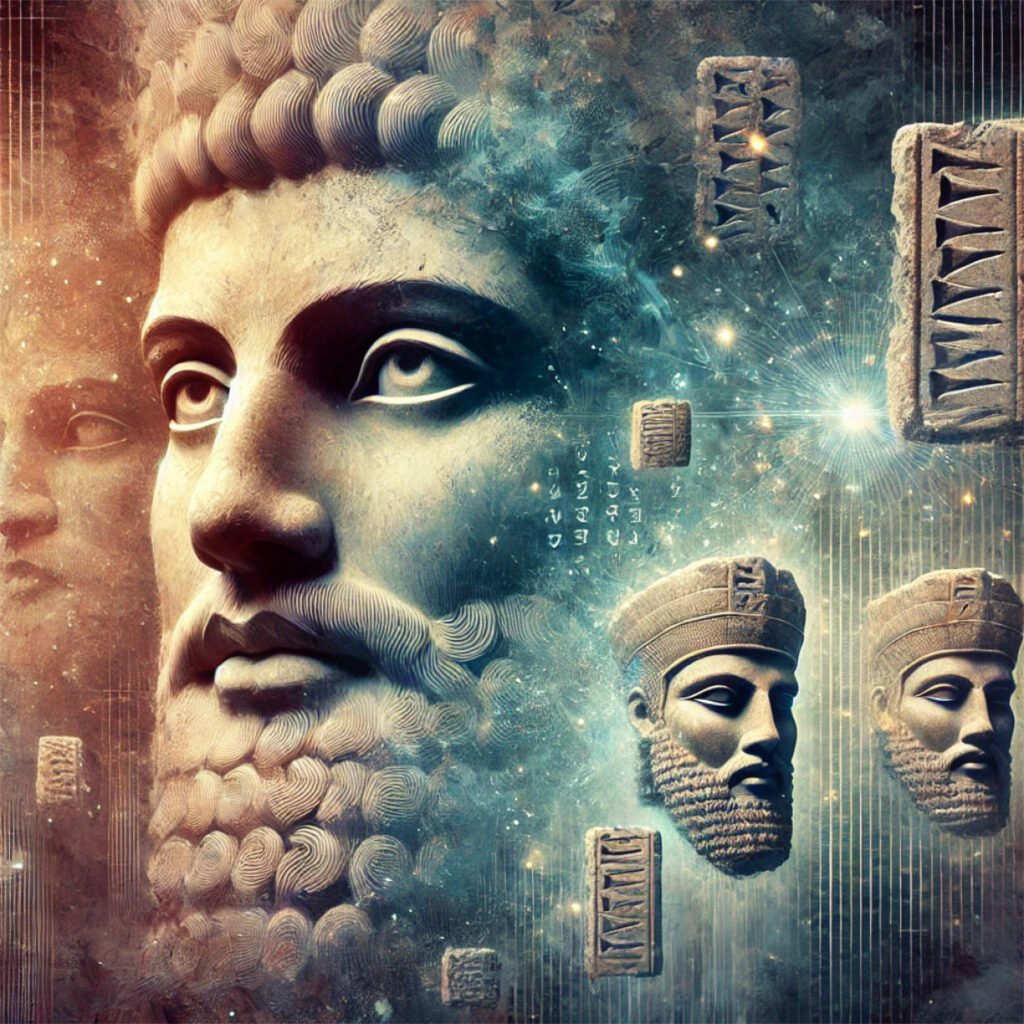 Ilustración artística del rostro del rey Hammurabi, inspirada en esculturas antiguas, con fragmentos del legendario código de Hammurabi flotando en los hilos del tiempo.