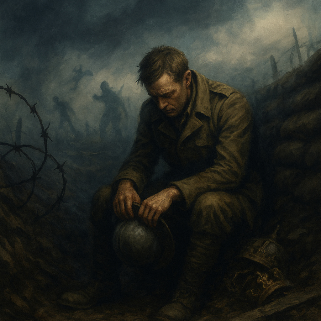 Representación simbólica de un soldado afectado por neurosis de guerra en las trincheras, reflejando la Generación Perdida de la Primera Guerra Mundial
