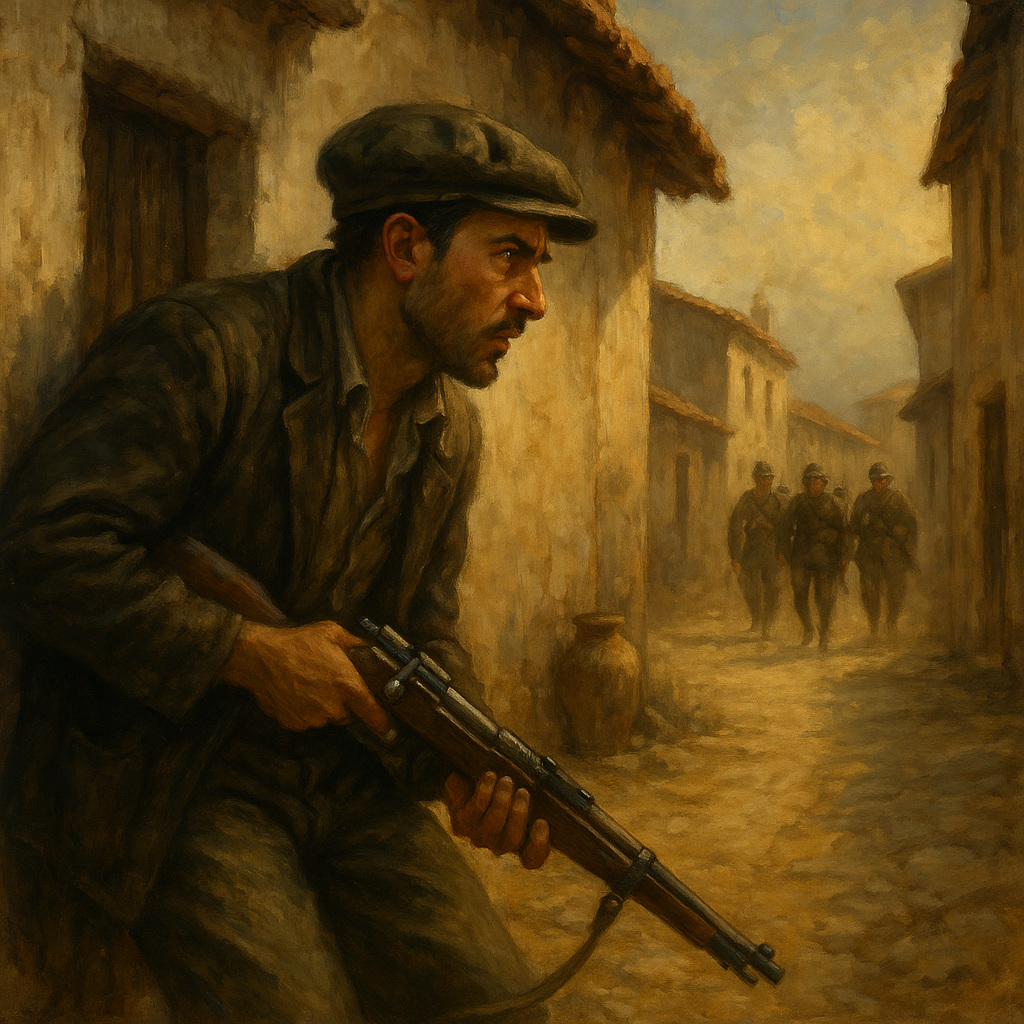 Rebelde español escondido contra la pared de un caserío rural, armado con un rifle, mientras observa a soldados que avanzan por una calle polvorienta durante los primeros días de la Guerra Civil Española.