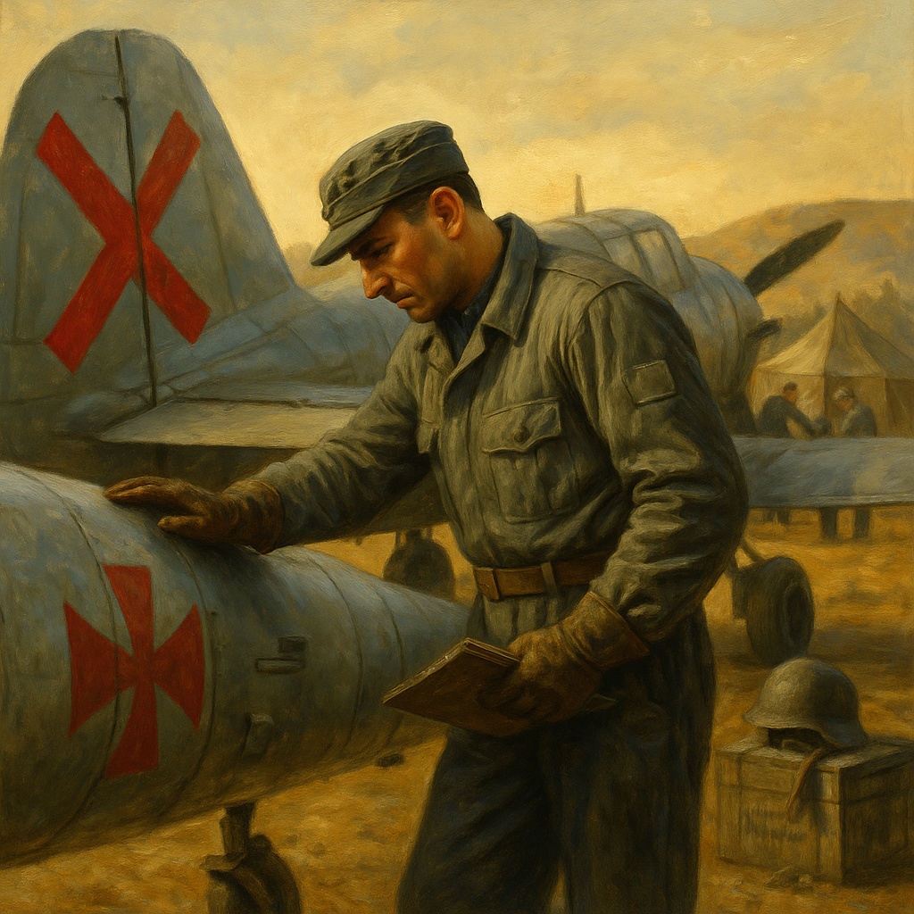 Técnico de aviación extranjero revisando un avión con la Cruz de San Andrés en un aeródromo rural, mientras otros mecánicos trabajan alrededor durante la Guerra Civil Española.