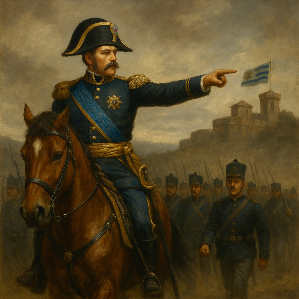 General brasileño a caballo lidera tropas en la invasión a Uruguay, con Montevideo y bandera uruguaya en el horizonte.