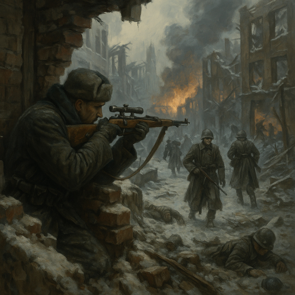 Francotirador soviético oculto en ruinas nevadas y soldados alemanes combatiendo en las calles destruidas de Stalingrado durante el invierno de 1942.