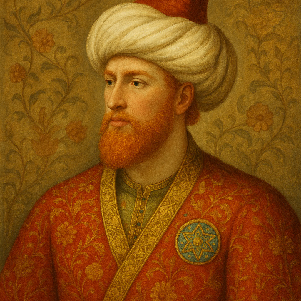 Retrato detallado al óleo de Ismail I, primer sah del Imperio Safávida, con vestimenta persa tradicional y rasgos históricos reconocibles según crónicas contemporáneas.