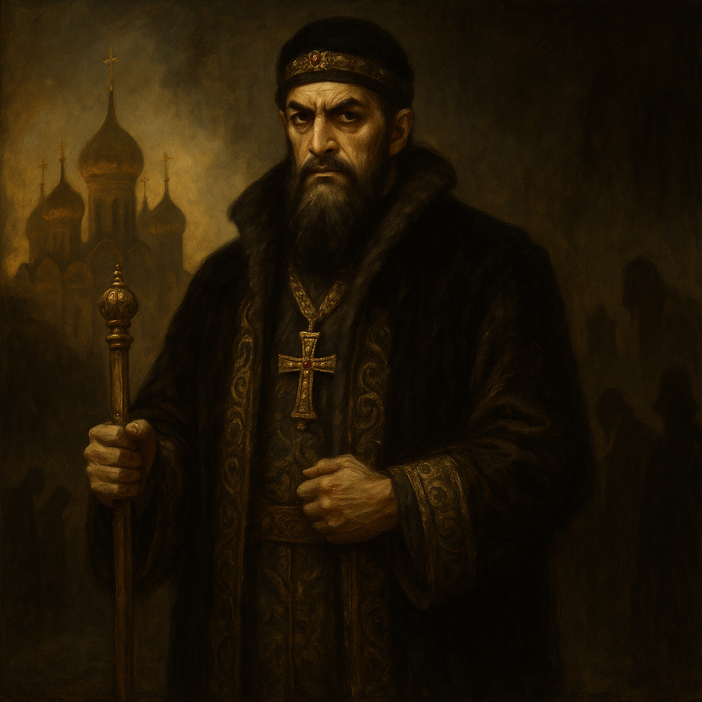 Retrato imperial de Iván el Terrible como primer Zar de Rusia, con el Kremlin al fondo y sombras de los boyardos