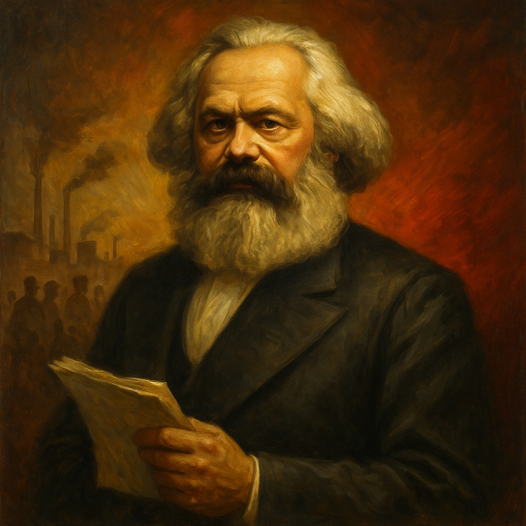 Retrato de Karl Marx con manuscrito en mano y fábricas al fondo, simbolizando el socialismo científico y la lucha de clases