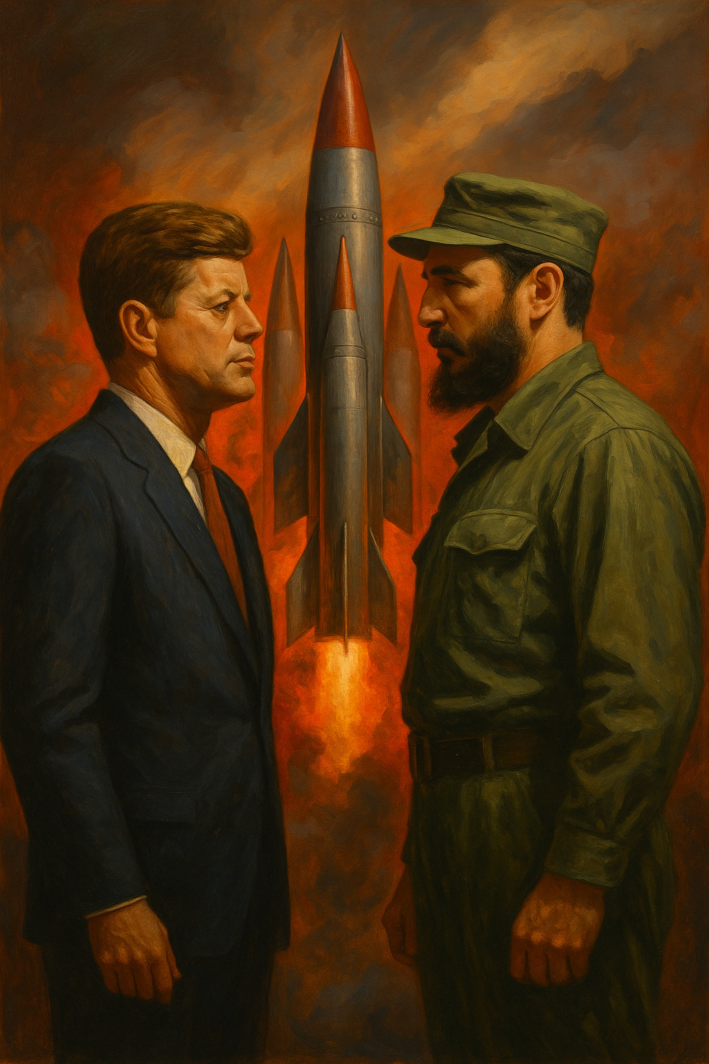 Pintura en estilo óleo de Kennedy y Fidel Castro frente a misiles con un fondo de tensión nuclear, simbolizando la Crisis de los Misiles en Cuba durante la Guerra Fría.