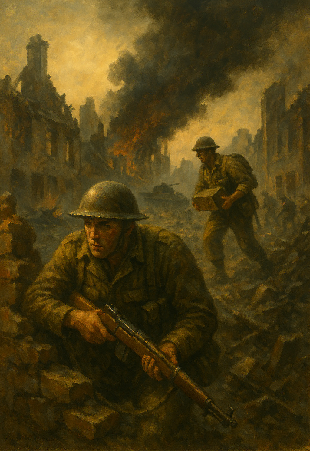 Soldados británicos y canadienses luchando entre las ruinas humeantes de Caen durante la Batalla de Normandía, 1944.