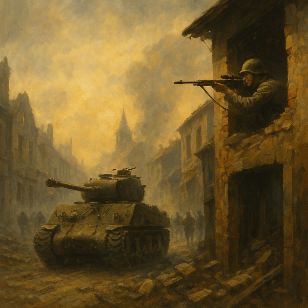 Tanque Sherman y francotirador aliado avanzando entre las ruinas de Normandía durante la campaña posterior al Día D.