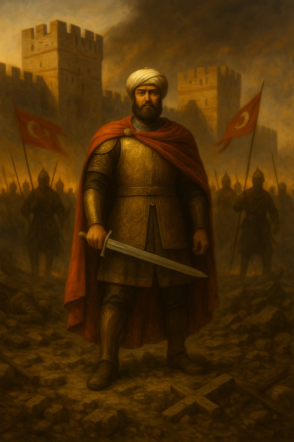 Pintura histórica que muestra la caída de Constantinopla en 1453, con el sultán otomano Mehmed II al frente como figura central, rodeado de soldados otomanos avanzando, banderas con la media luna roja ondeando, y al fondo, las murallas bizantinas parcialmente destruidas bajo un cielo dramático.