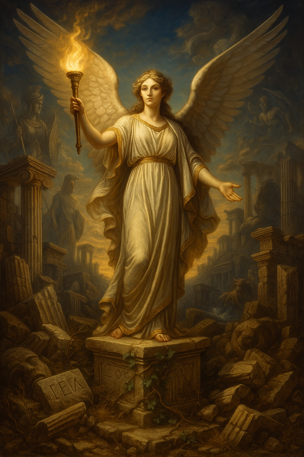 Ilustración neoclásica de una figura alada femenina sosteniendo una antorcha sobre ruinas griegas antiguas, simbolizando la permanencia del mito en la civilización occidental, con escenas de Ares y Atenea al fondo.
