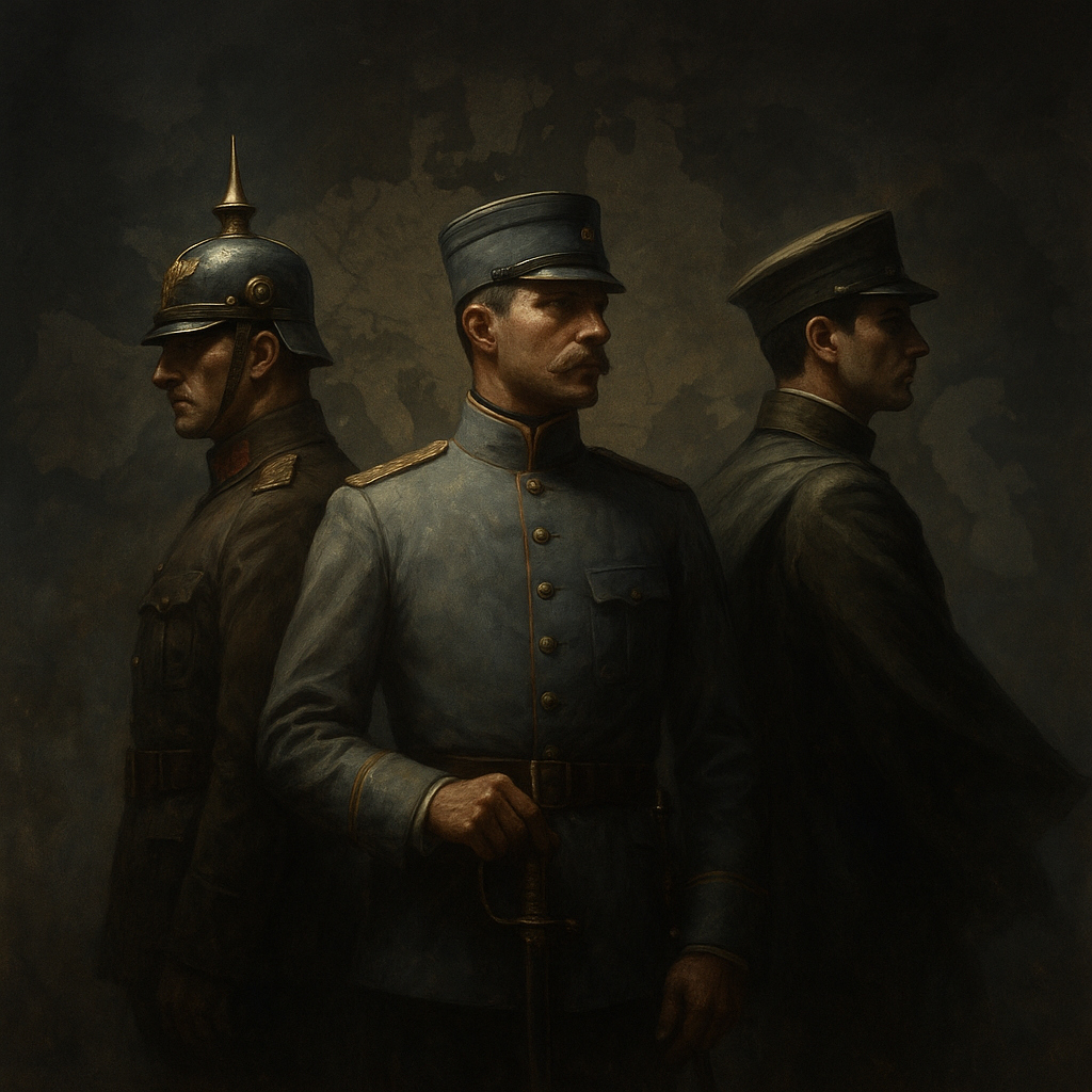 Representación simbólica de la Triple Alianza con soldados de Alemania, Austria-Hungría e Italia, inicio de la Primera Guerra Mundial
